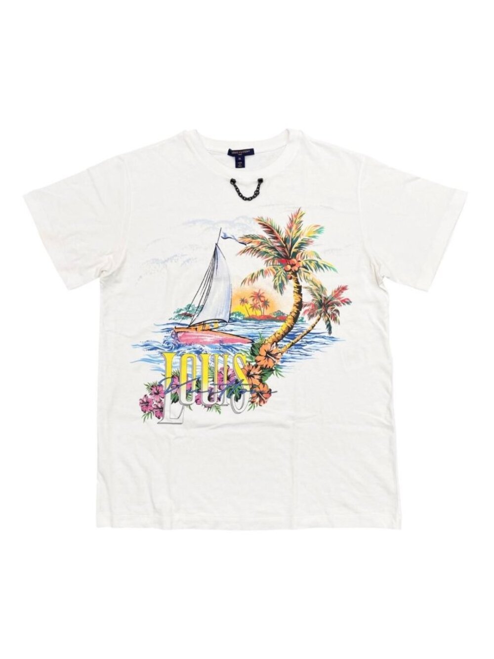 Louis Vuitton Short Sleeve T-Shirt Tropical Print Cotton Chain Logo White XL